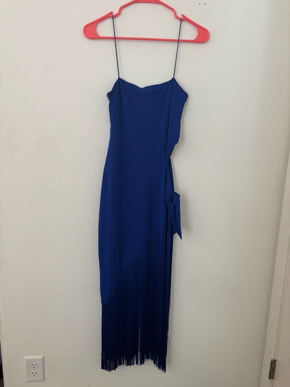 Meshki Blue Fringe Midi Dress XS Straight Neck Side Tie